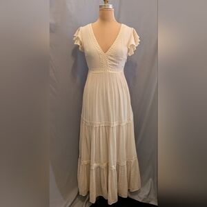 Crinkle Gauze Prairie Boho Cottagecore Beach Wedding Maxi Dress Tiered Skirt SM